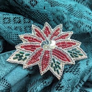 Vintage Beaded Christmas Poinsettia Flower Brooch With Sequins‎ & Leather Back